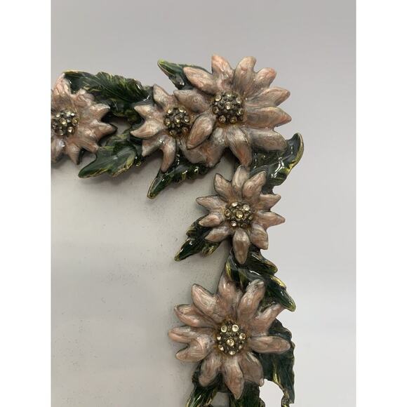 Vintage Metal Enamel Blue Rhinestones & Flowers Photo Frame Easel Holds 4X6” - Picture 2 of 6